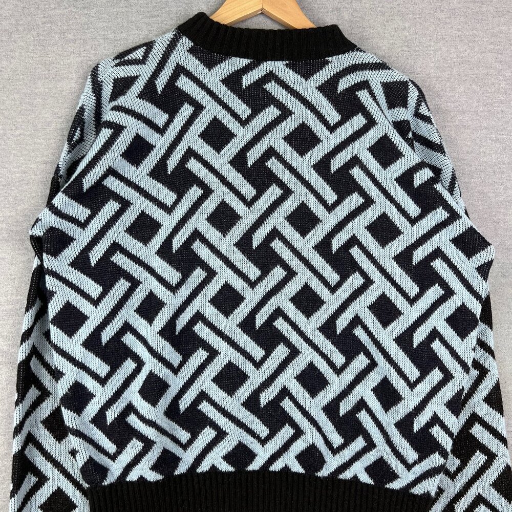 Vintage Blue Bird Geometric Orlon Acrylic Knit Sweater Black Blue Made in‎ USA